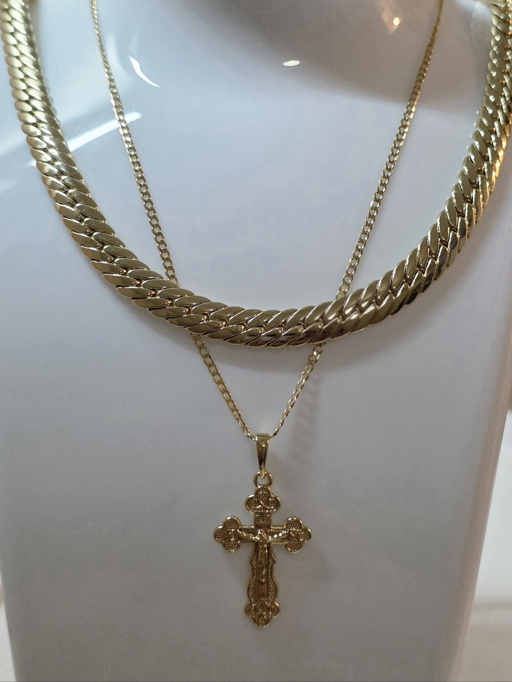 Jesus Solid Cross Pendant Herringbone 20"& Cuban 24" Layered Necklace Set